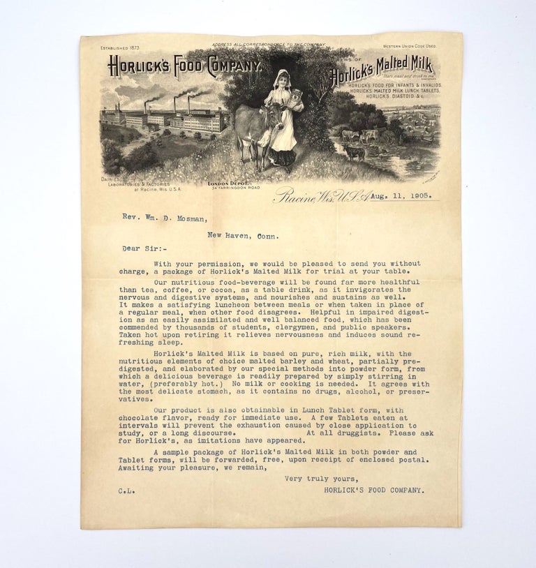 Item #3146 Horlick's Food Company letter; Horlick's Malted Milk. Horlick's Food Company C L.
