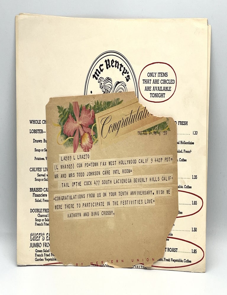 Item #4150 [MENU] [TELEGRAM] [CELEBRITY] Mc Henry's Tail O' the Cock Dinner Menu